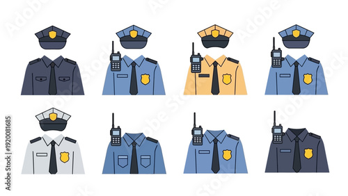 Diverse police officers in various uniforms standing in a grid pattern, depicted in a flat illustration style.
