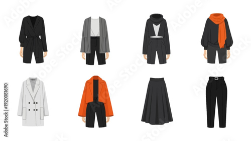 Fashionable Clothing Items Arranged in a Grid Layout for Display Purposes on a Clean White Background from a Direct Top-Down Viewpoint