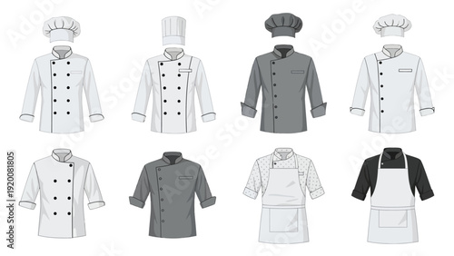 Collection of various chef uniforms and aprons displayed against a plain background from a straightforward viewpoint