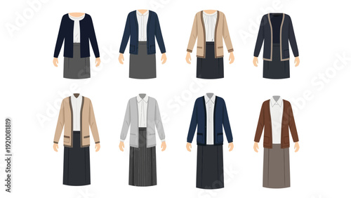 Collection of various cardigans and dresses displayed on mannequins from a front viewpoint