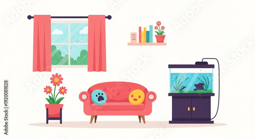 Cozy living room with couch, aquarium, and flowers by window