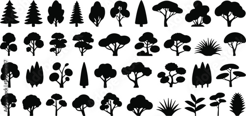Flat tree silhouettes, three-row vector with copy space