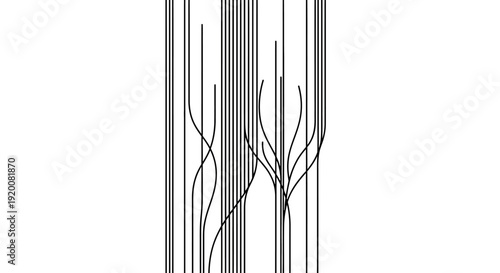 A minimalist black and white illustration of abstract lines and shapes