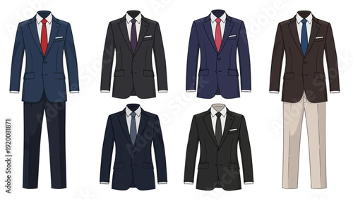 Collection of men's formal blazers and suits displayed on mannequins from a frontal viewpoint