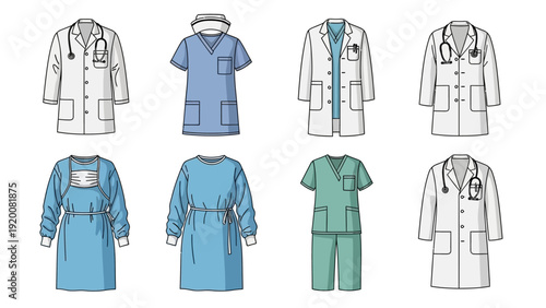 Collection of various medical professional attire and equipment illustrations displayed together from a straightforward viewpoint