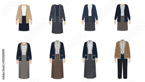 Collection of Illustrations Featuring Various Outfits and Clothing Items on Neutral Background