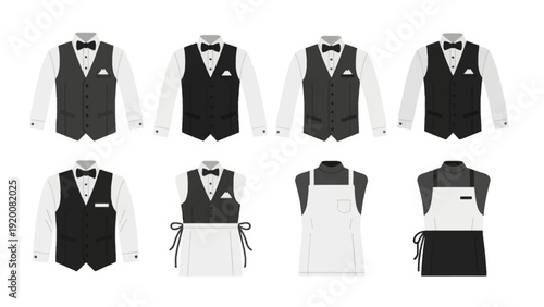 Collection of various waistcoats and aprons displayed on hangers against a clean background from a straightforward viewpoint
