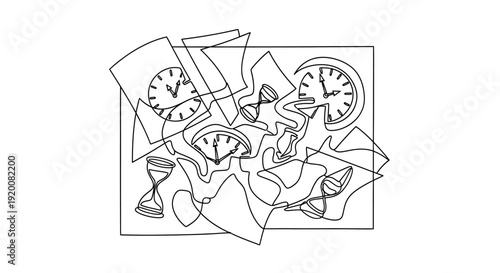 A surreal illustration of clocks and time passing in a chaotic scene