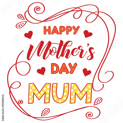 Happy Mothers Day Mum Greeting Card with Hearts and Floral Elements