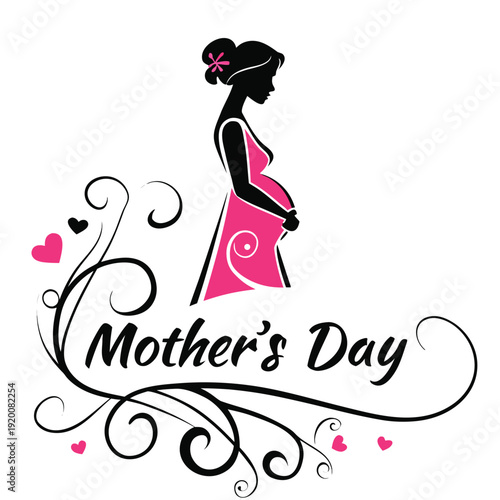 Pregnant Woman Silhouette in Pink Dress for Mothers Day Illustration
