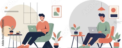 Two vector illustrations of men working remotely from home, each seated comfortably in a chair with a laptop. One man wears an orange sweater, the other a green sweater