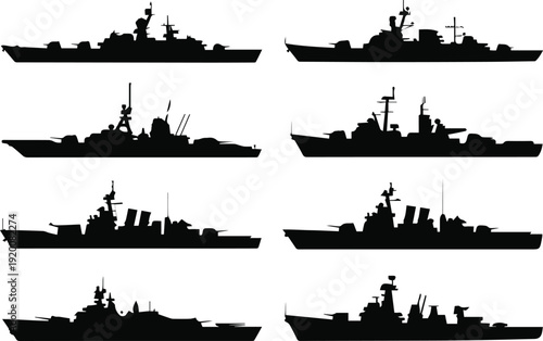 Warship silhouettes set — eight naval vessel profiles