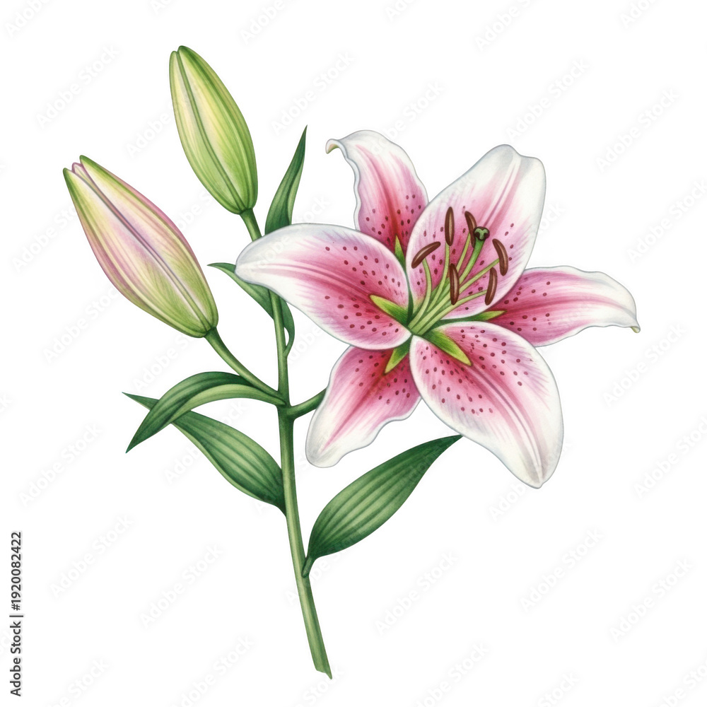 Fototapeta premium A single pink lily flower with green leaves and a bud. isolated on transparent background