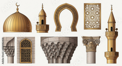 Islamic architecture elements domes minarets arches columns and ornate patterns for design
