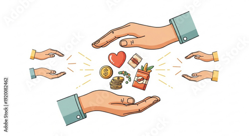 Hands exchanging money heart and goods symbolizing charity donation and generosity