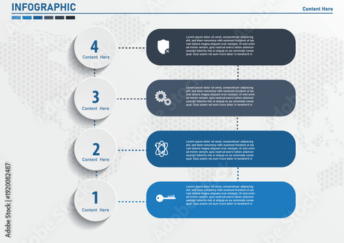 Professional corporate infographic collection featuring vertical numbered lists, circular cycle diagrams, and horizontal process arrows for business strategy, data visualization