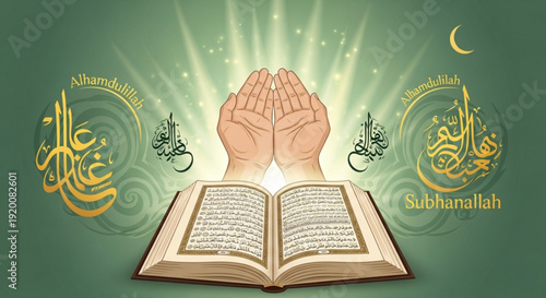 Praying hands above an open holy book with arabic calligraphy on green background with crescent moon