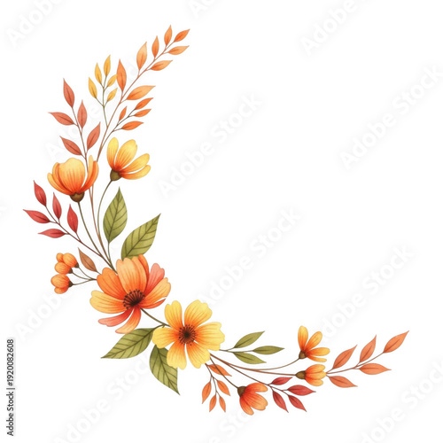 A vibrant and intricate floral design with autumn leaves and flowers. isolated on transparent background