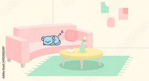 Cozy living room scene with sleeping cat and coffee