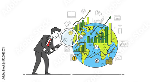 A businessman analyzing global financial markets and economic data with a magnifying glass, representing market research and investment strategies.
