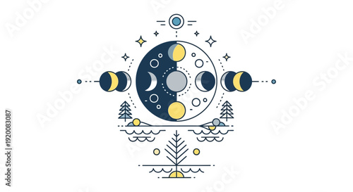 Celestial Moon Phases and Cosmic Elements Illustration.