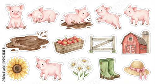 Watercolor clip art set, Cute Farm Pig theme, collection of 15 items