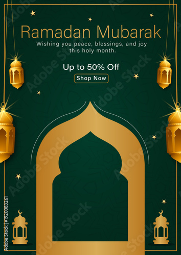 Ramadan Mubarak Sale Banner with Gold Lanterns and Mosque, Luxury Ramadan Kareem Promotion Template with Golden Crescent Moon, Elegant Islamic Holy Month Discount Flyer on Green Background, Ramadan Fe