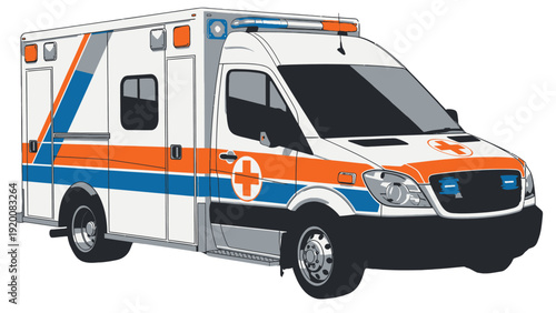 Ambulance vehicle parked on a white background viewed from the front side