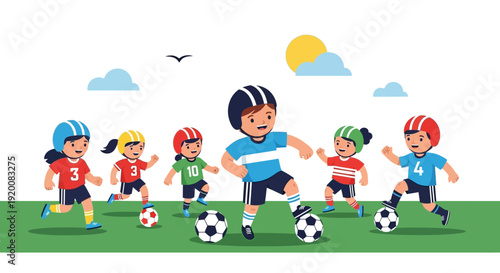 Children playing soccer on a grassy field together.