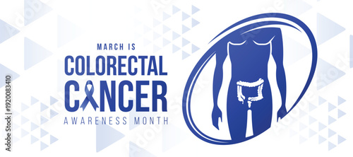 Colorectal cancer awareness month text and blue ribbon awareness sign and colorectal in human in ellipse line frame symbol vector design