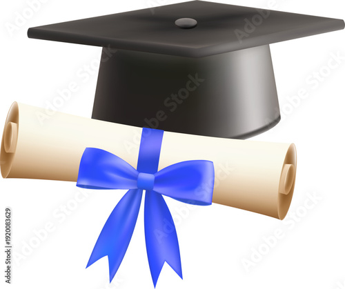 3d diploma scroll with graduate hat. Vintage roll paper with black mortarboard. Graduation education certificate of university, college, or school. Vector illustration. EPS 10.