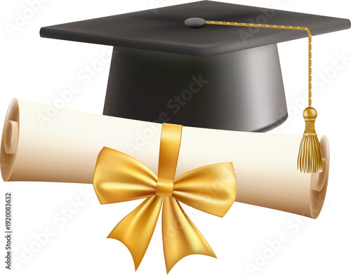 3d diploma scroll with graduate hat. Vintage roll paper with black mortarboard. Graduation education certificate of university, college, or school. Vector illustration. EPS 10.