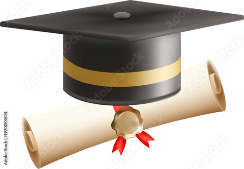 3d diploma scroll with graduate hat. Vintage roll paper with black mortarboard. Graduation education certificate of university, college, or school. Vector illustration. EPS 10.