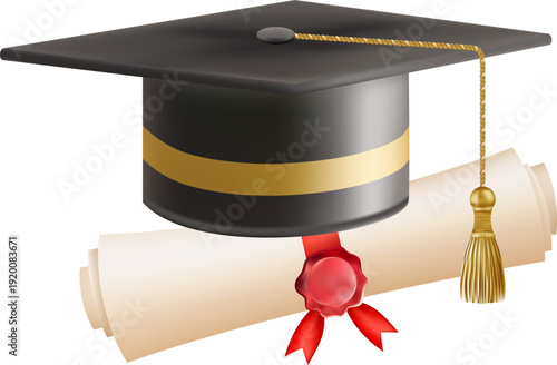 3d diploma scroll with graduate hat. Vintage roll paper with black mortarboard. Graduation education certificate of university, college, or school. Vector illustration. EPS 10.