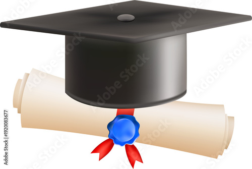 3d diploma scroll with graduate hat. Vintage roll paper with black mortarboard. Graduation education certificate of university, college, or school. Vector illustration. EPS 10.