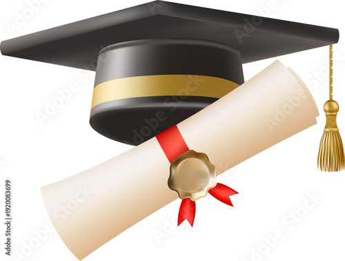 3d diploma scroll with graduate hat. Vintage roll paper with black mortarboard. Graduation education certificate of university, college, or school. Vector illustration. EPS 10.