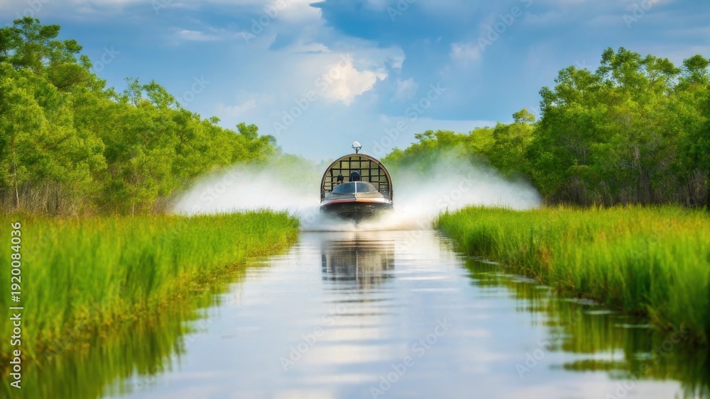 Obraz premium Airboat Speeding Through Green Swamp Channel with Water Spray