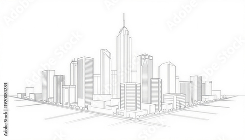 Simple line drawing of a modern city skyline in grey tones  