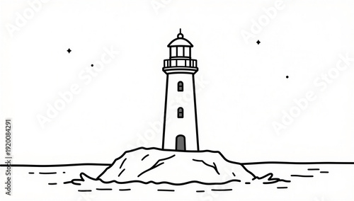 Lighthouse standing on rocky island under starry night sky  