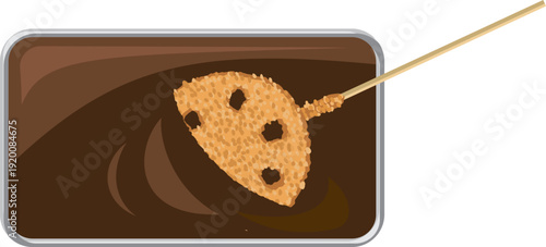 ソースにつけている蓮根串カツのイメージイラスト