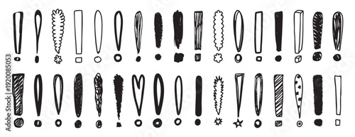 Hand drawn doodle exclamation mark set comic playful ink sketches, varied strokes, rough dots and uneven lines creating energetic monochrome texture ideal for stickers, alerts, posters, UI accents