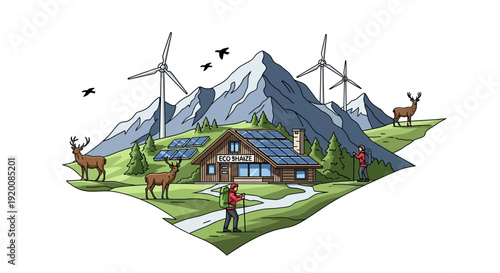 Illustration of a sustainable mountain eco-tourism scene with a house, wind turbines, deer, and solar panels, conveying a sense of eco-friendly travel and conservation in a natural setting.