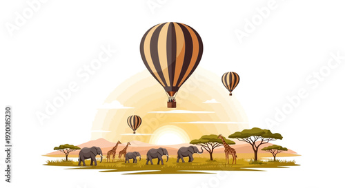 Vector illustration of a colorful safari scene with a group of kids and a woman watching hot air balloons over animals and trees in a sunny wildlife conservation area with a globe in the