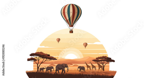Vector illustration of a colorful safari scene with a woman and children watching elephants and a hot air balloon at sunset in a natural wildlife conservation setting.