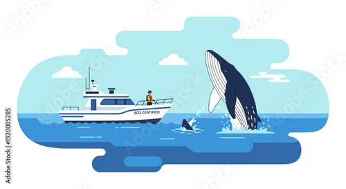 Vector illustration of a whale breaching near a boat with a person on board, promoting eco tourism and conservation in a colorful, educational design for sustainable wildlife travel.