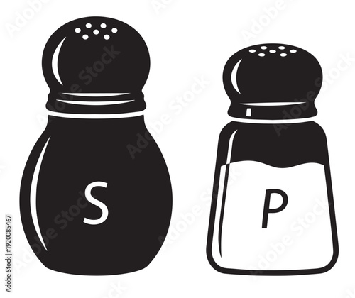 A black and white illustration of salt and pepper shakers on a plain background
