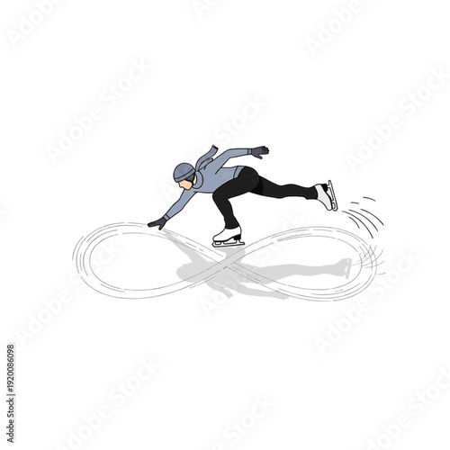 Male skater focused carving infinity symbol trail on white, concept of endless persistence