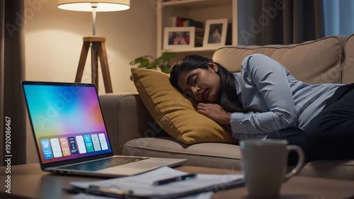Exhausted Woman Sleeping on Sofa After Working Late Night at Laptop