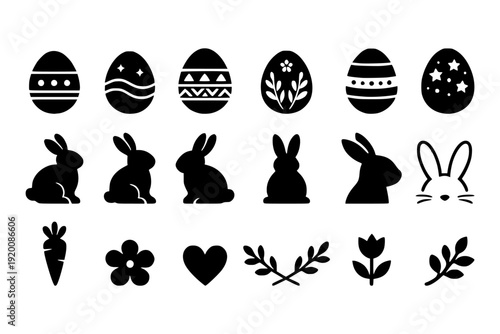 Set of black Easter and spring silhouettes including eggs, bunnies, flowers, and leaves on a white background, symbolizing celebration