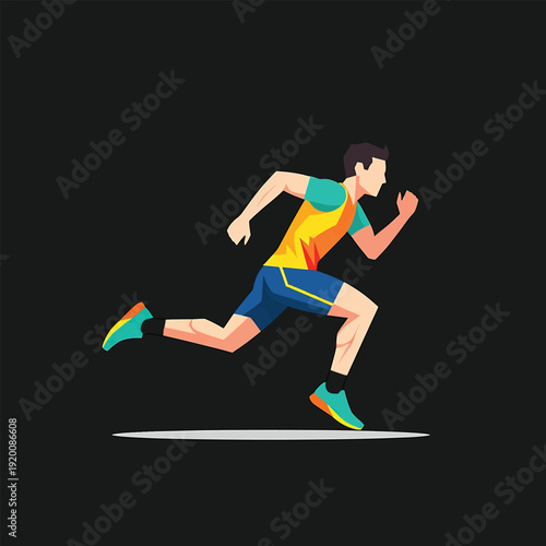 Man running fast in athletic wear on black background.